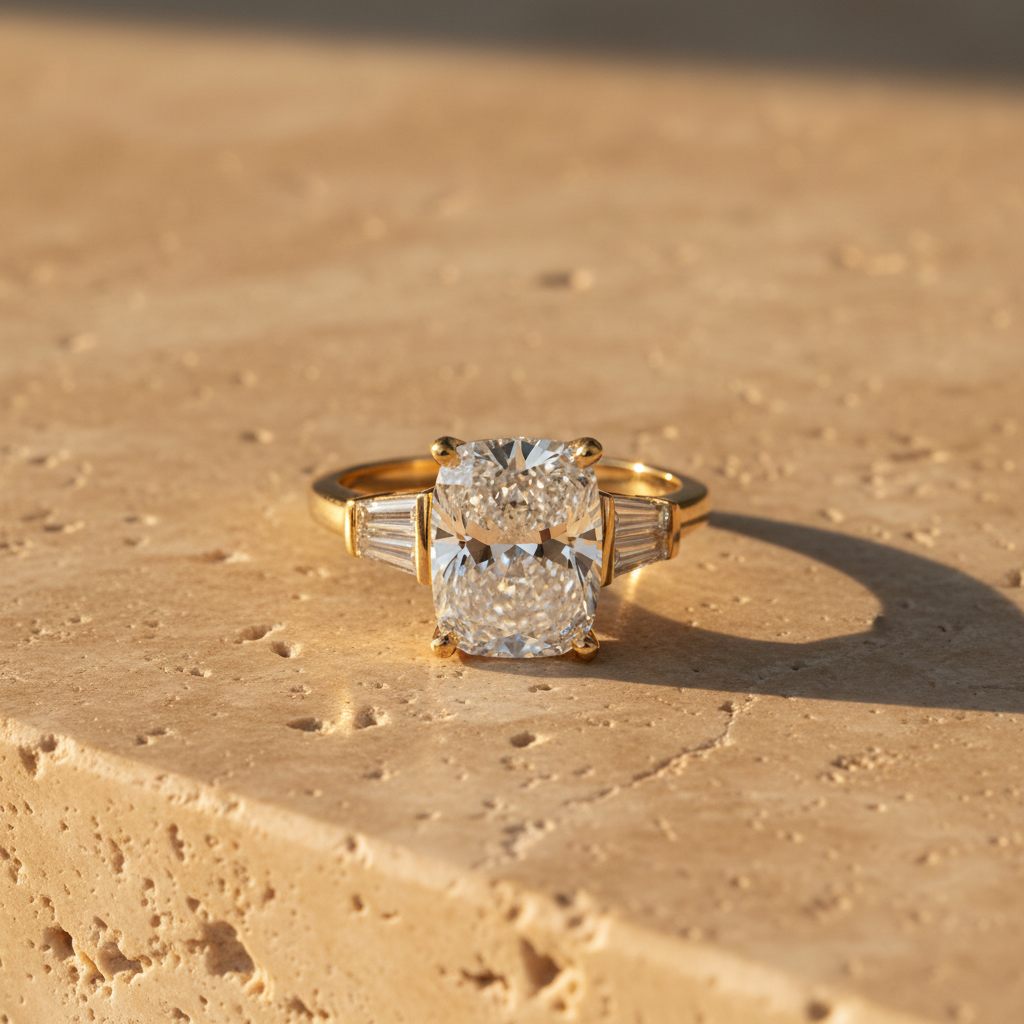 2 Ct Cushion Cut Lab Grown Diamond Ring with Baguette Accents
