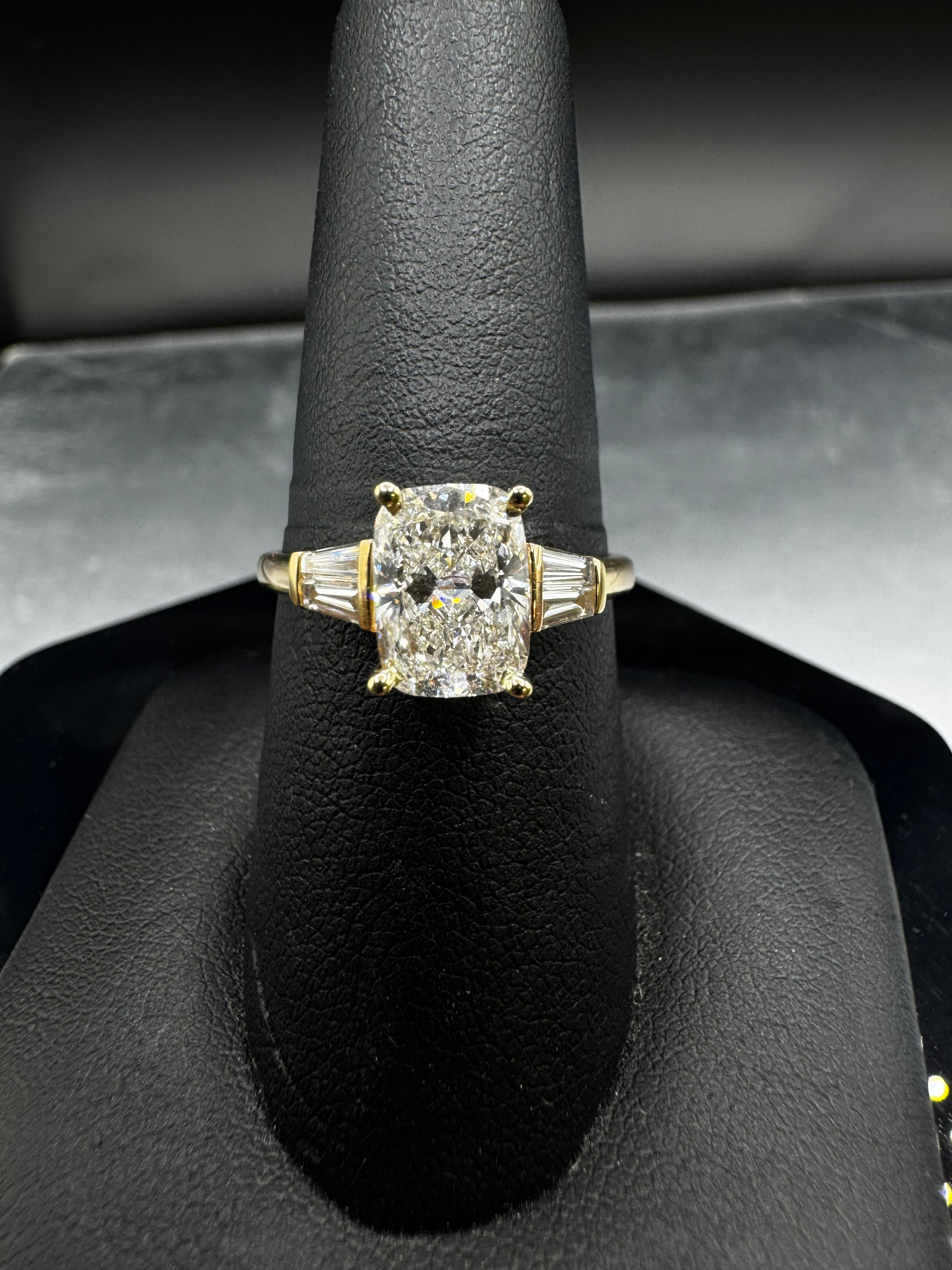 2 Ct Cushion Cut Lab Grown Diamond Ring with Baguette Accents | 14kt Yellow Gold | 2.60 CTTW