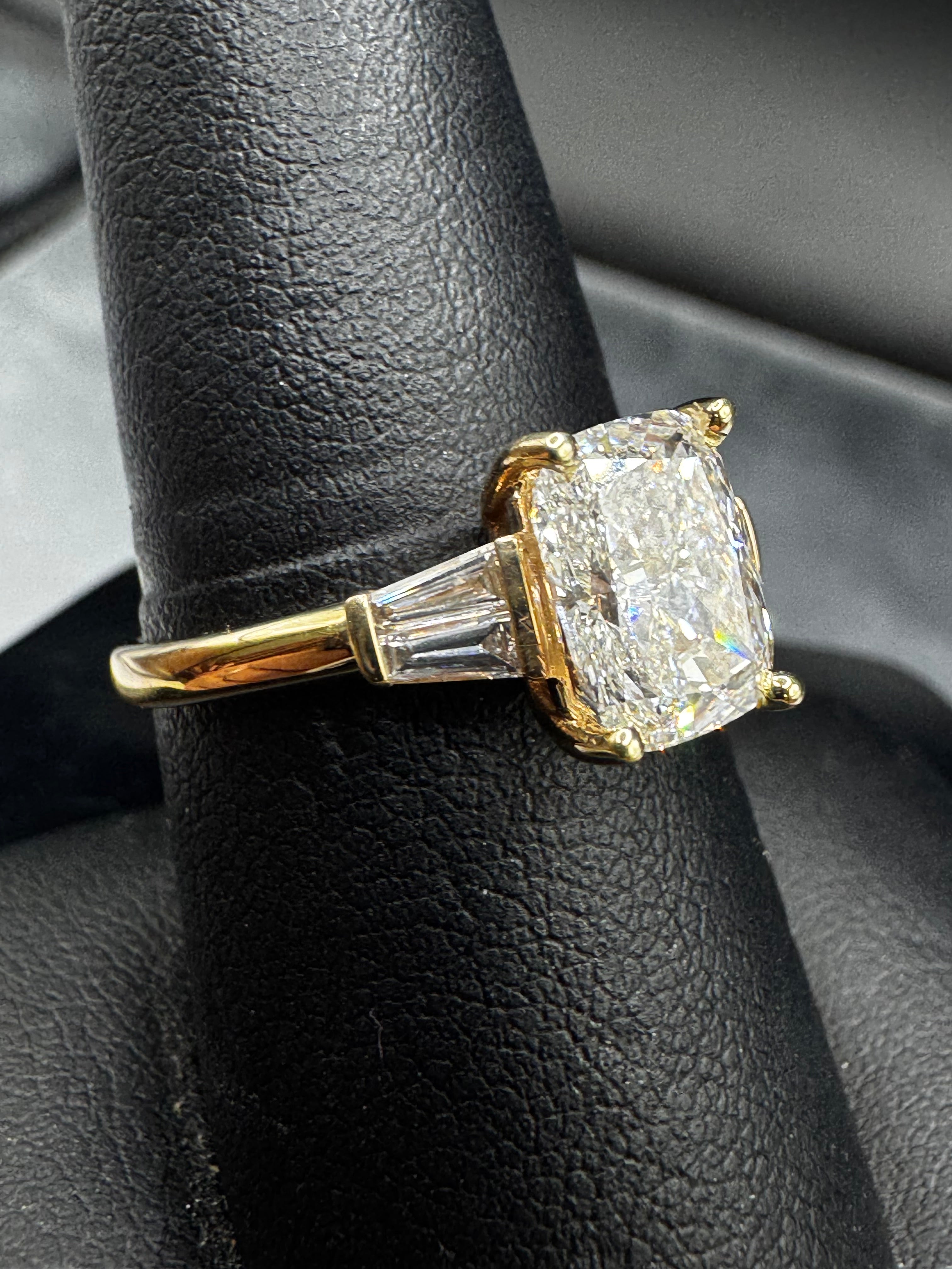 2 Ct Cushion Cut Lab Grown Diamond Ring with Baguette Accents | 14kt Yellow Gold | 2.60 CTTW