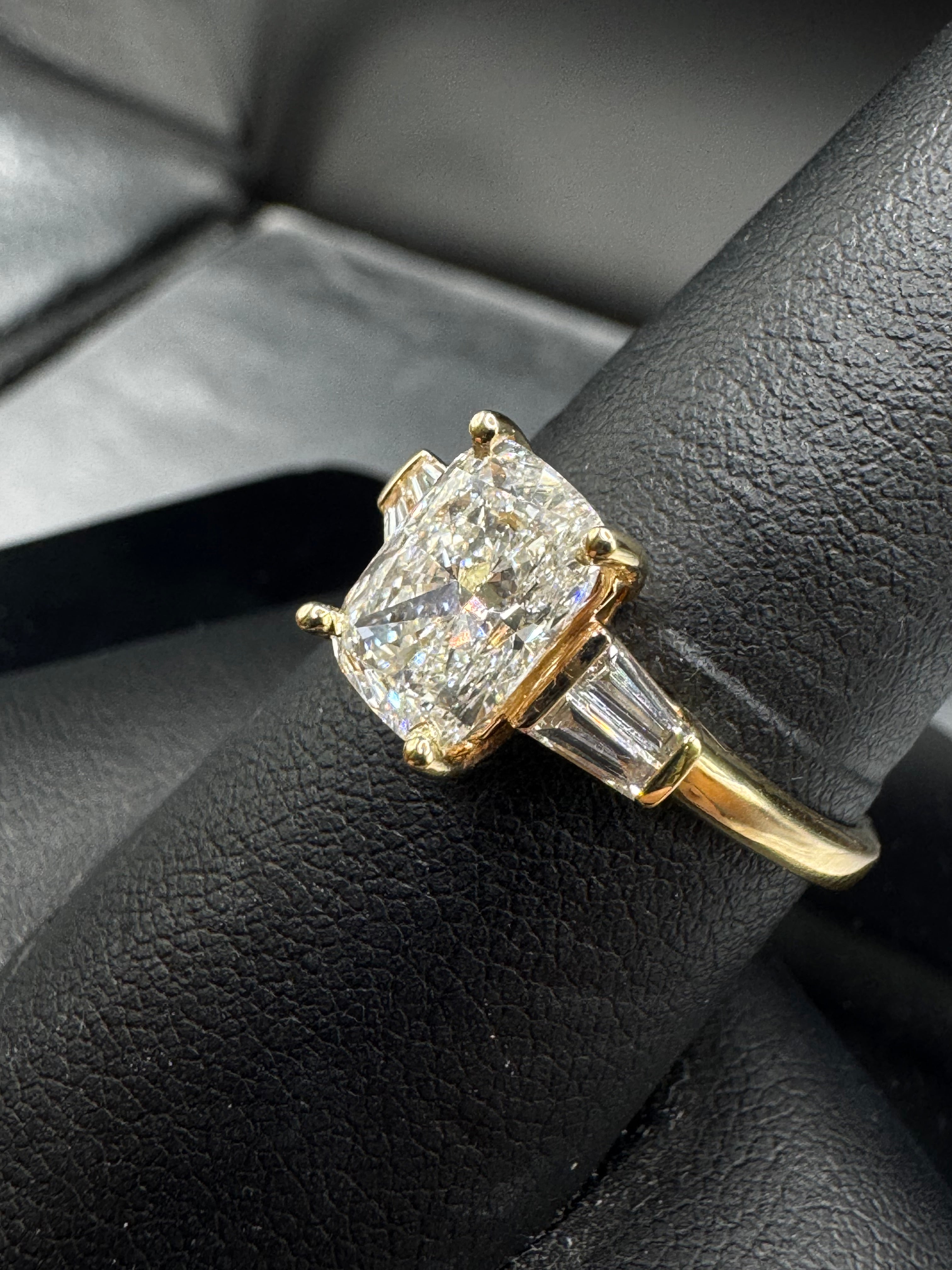 2 Ct Cushion Cut Lab Grown Diamond Ring with Baguette Accents | 14kt Yellow Gold | 2.60 CTTW