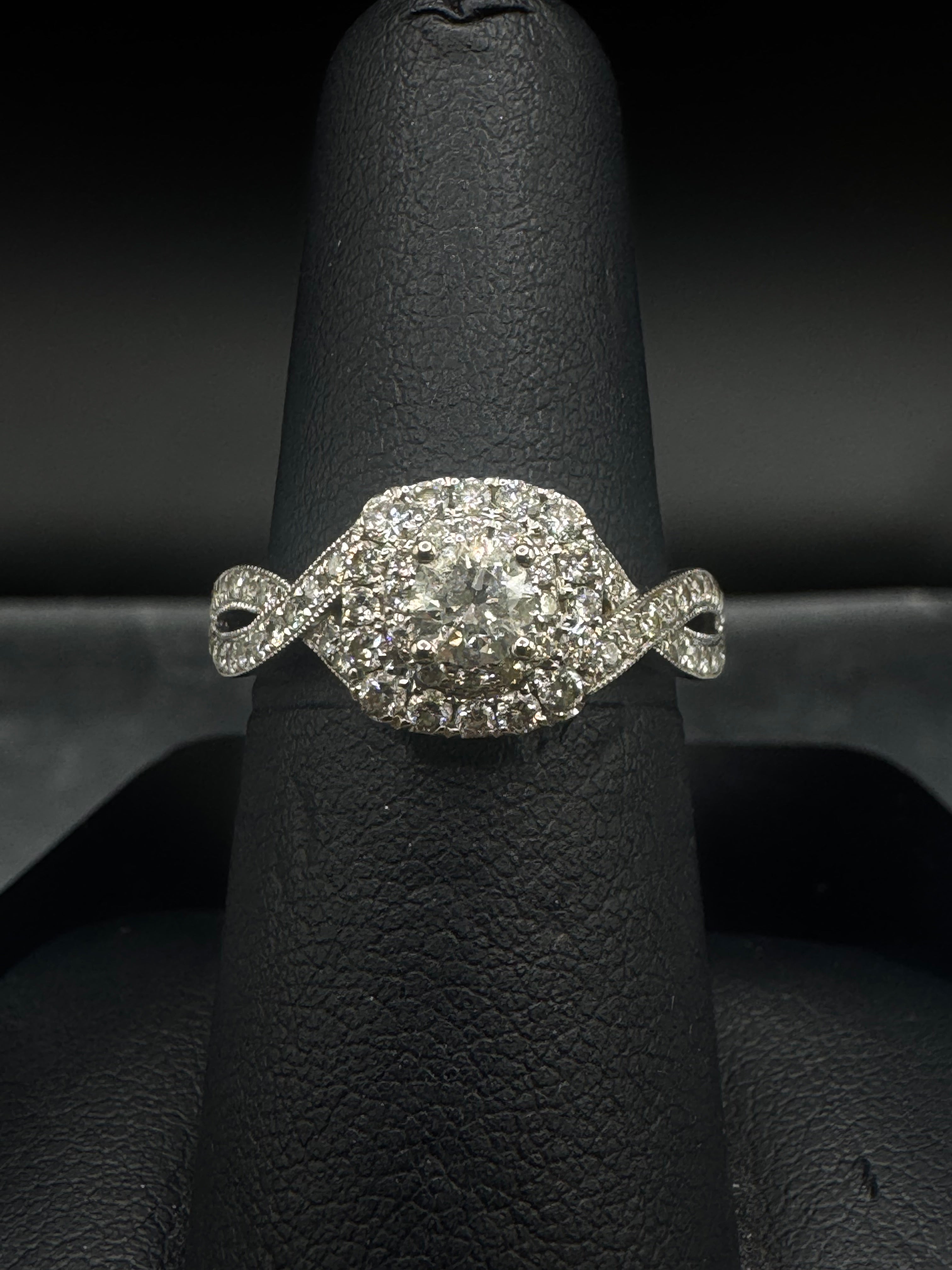 14kt White Gold Halo Round Lab Diamond Engagement Ring with Accented Band