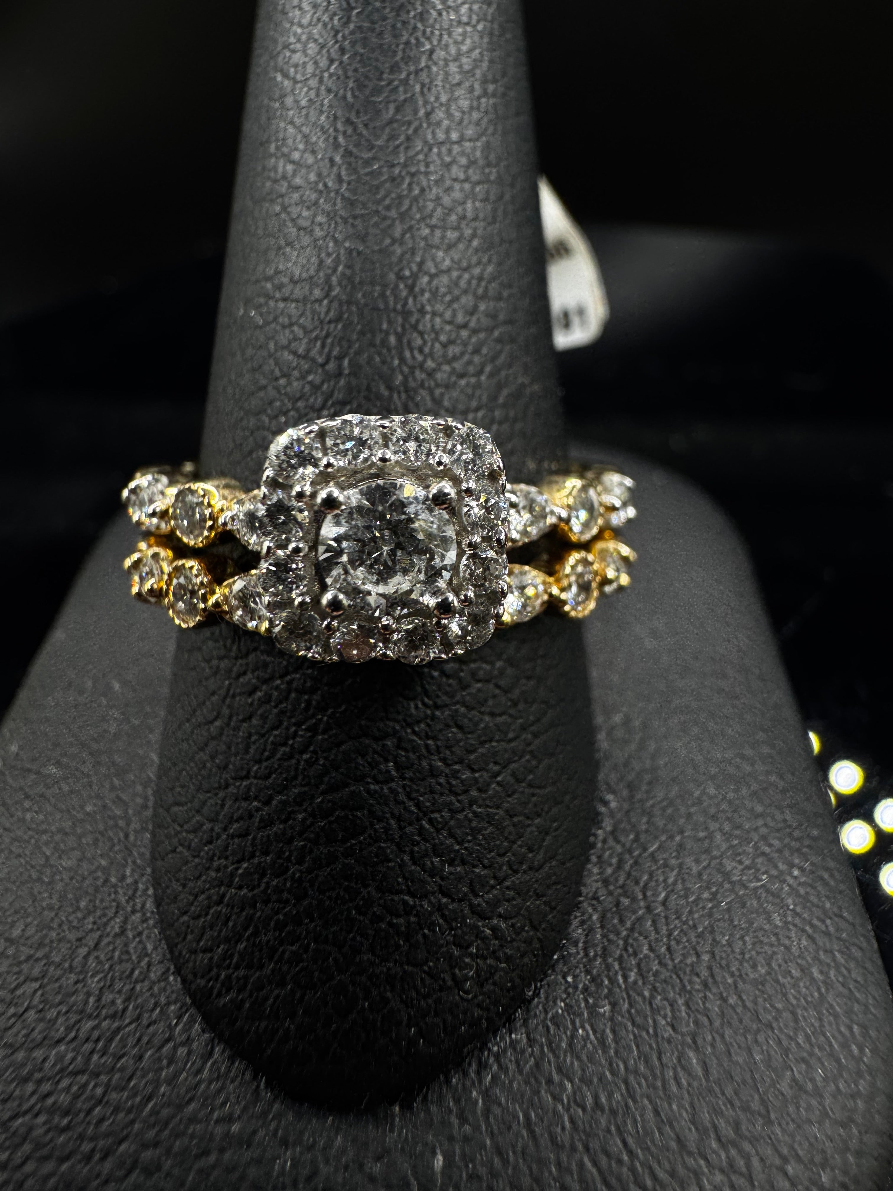 14kt Yellow Gold Diamond Halo Engagement Ring & Wedding Band Set