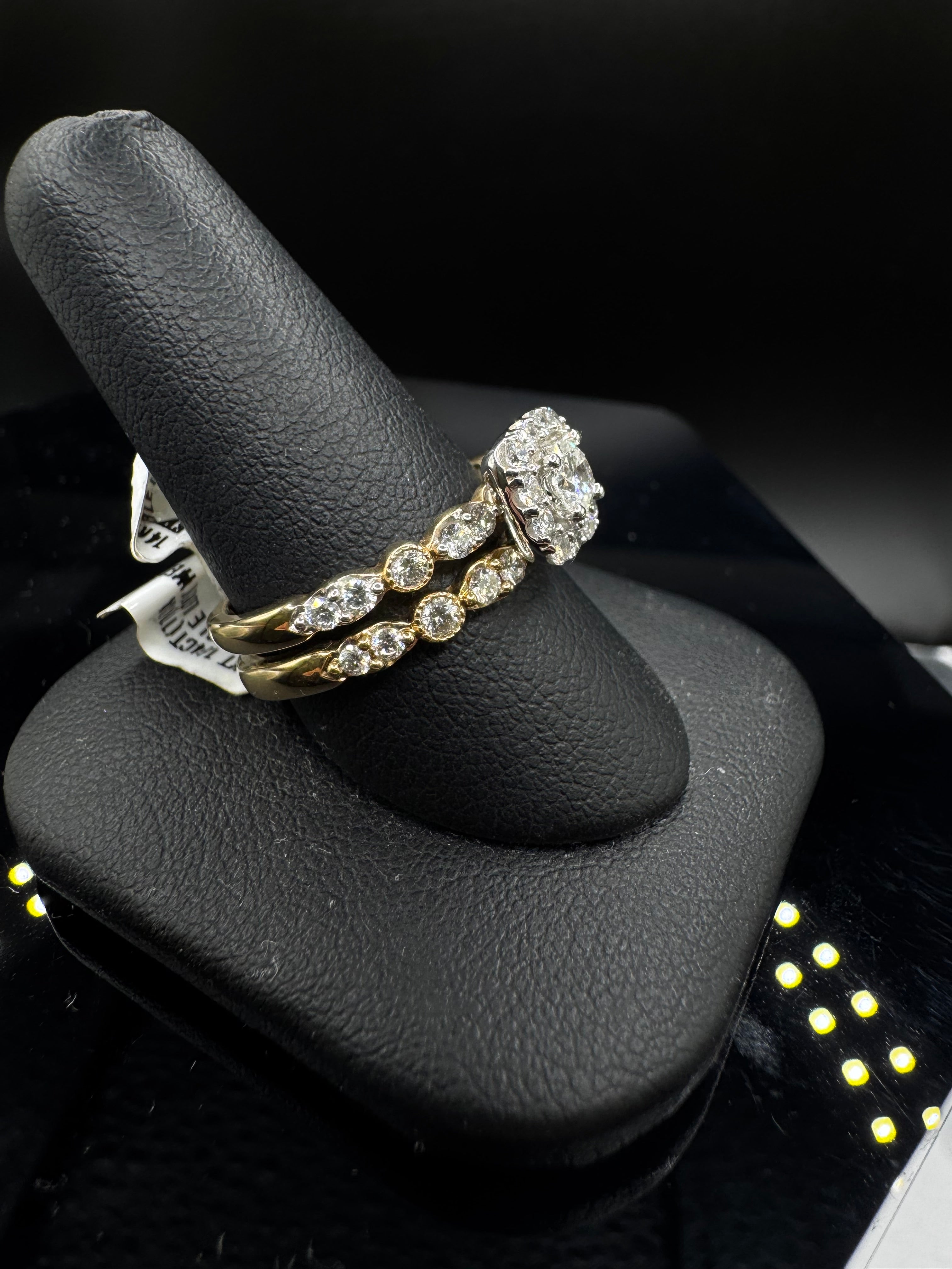 14kt Yellow Gold Diamond Halo Engagement Ring & Wedding Band Set