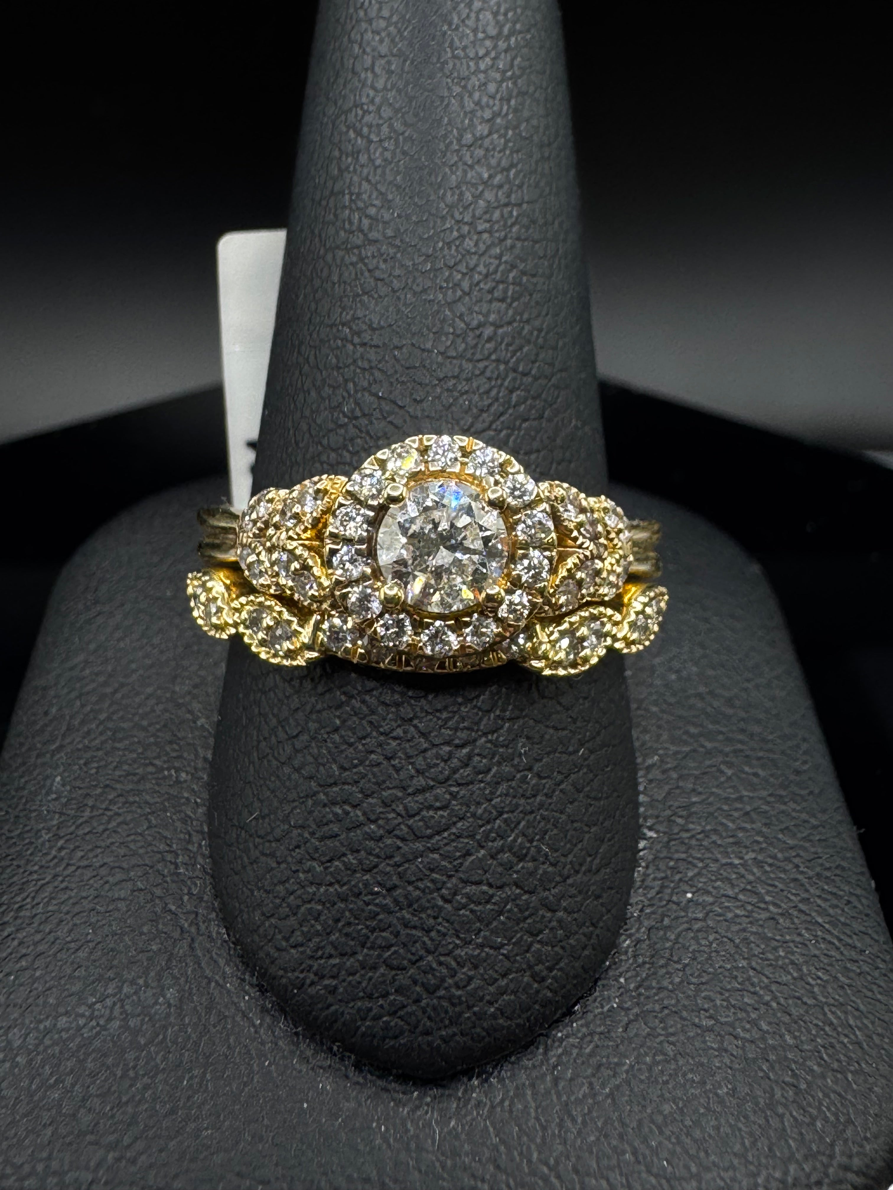 14kt Yellow Gold Diamond Halo Bridal Set - .40 ct Round Center, .76 cttw