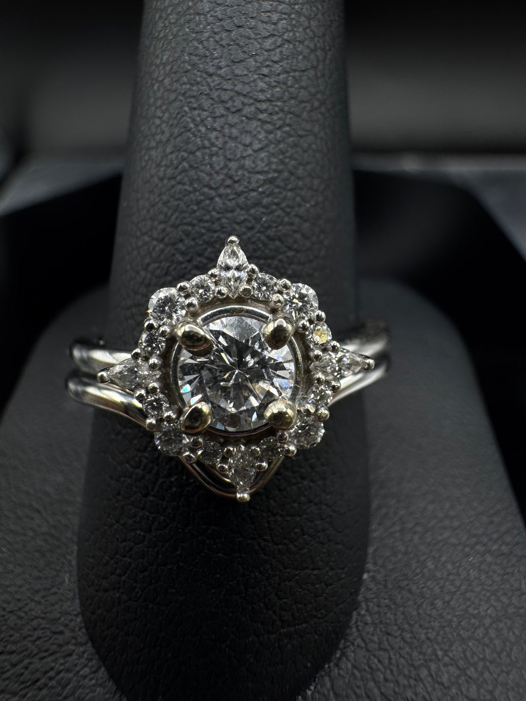 14kt White Gold Round Diamond Halo Engagement Ring & Wedding Band Set - .50 ct Center, 1.00 cttw, SI1/G