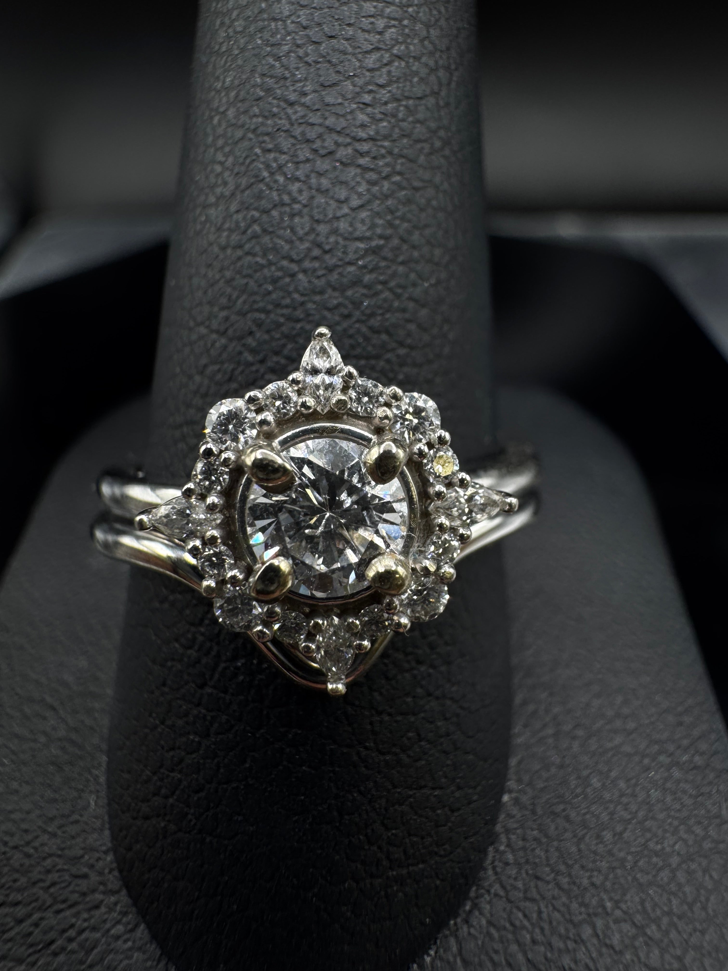 14kt White Gold Round Diamond Halo Engagement Ring & Wedding Band Set - .50 ct Center, 1.00 cttw, SI1/G