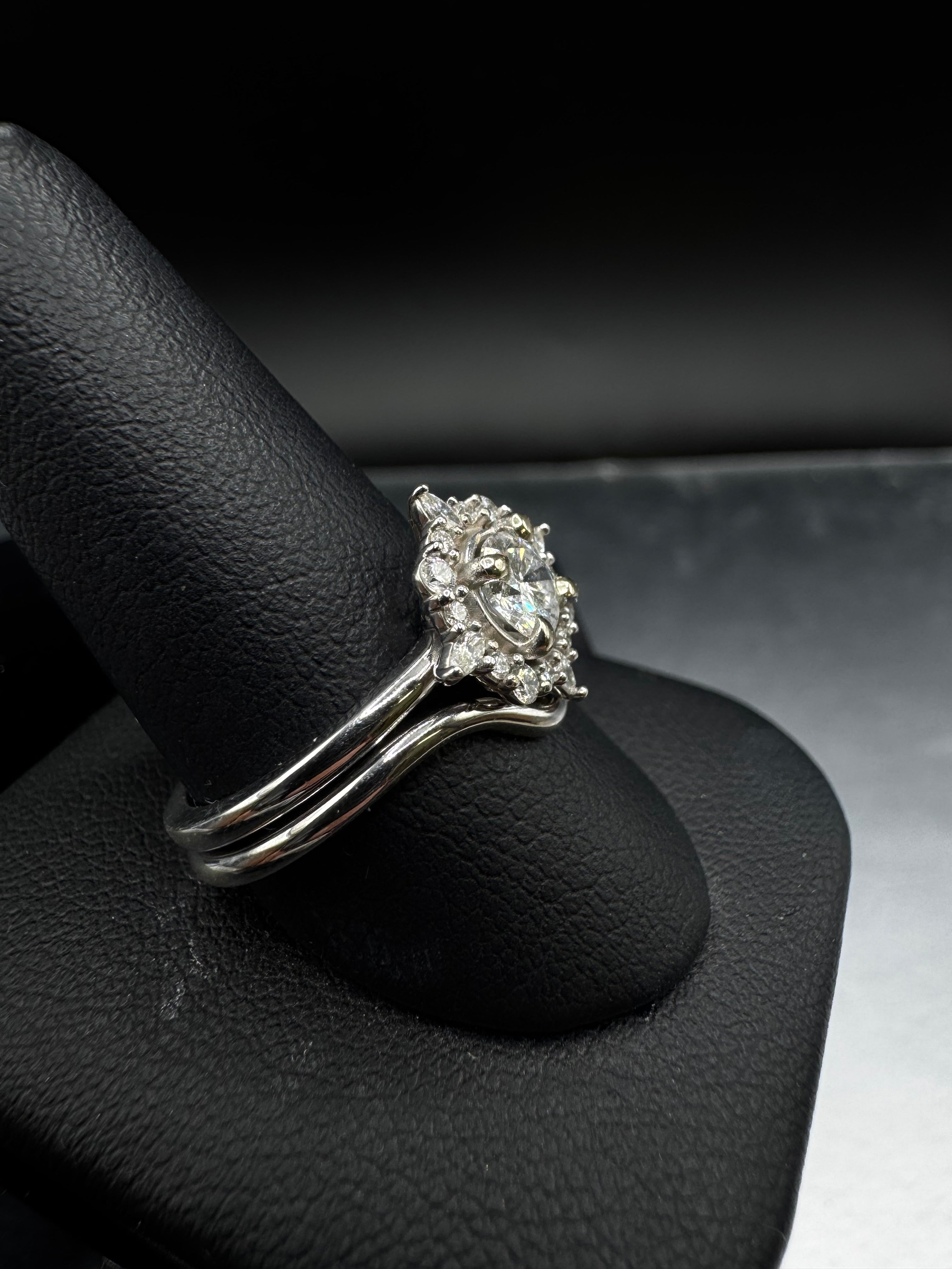 14kt White Gold Round Diamond Halo Engagement Ring & Wedding Band Set - .50 ct Center, 1.00 cttw, SI1/G