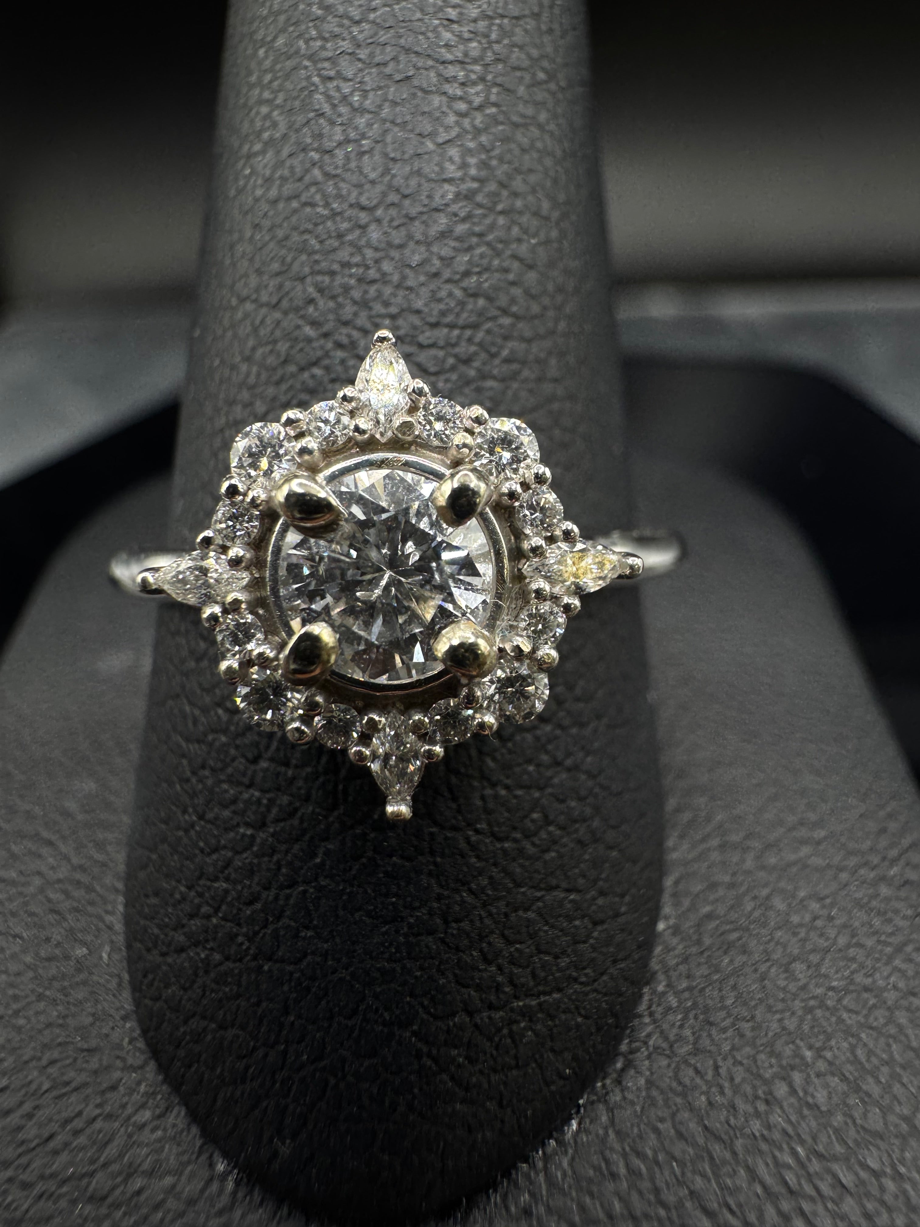 14kt White Gold Round Diamond Halo Engagement Ring & Wedding Band Set - .50 ct Center, 1.00 cttw, SI1/G