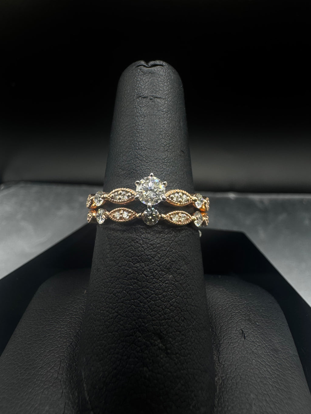 14kt Rose Gold Vintage Diamond Engagement Ring & Wedding Band Set - 3/8 ct + 1/4 ct