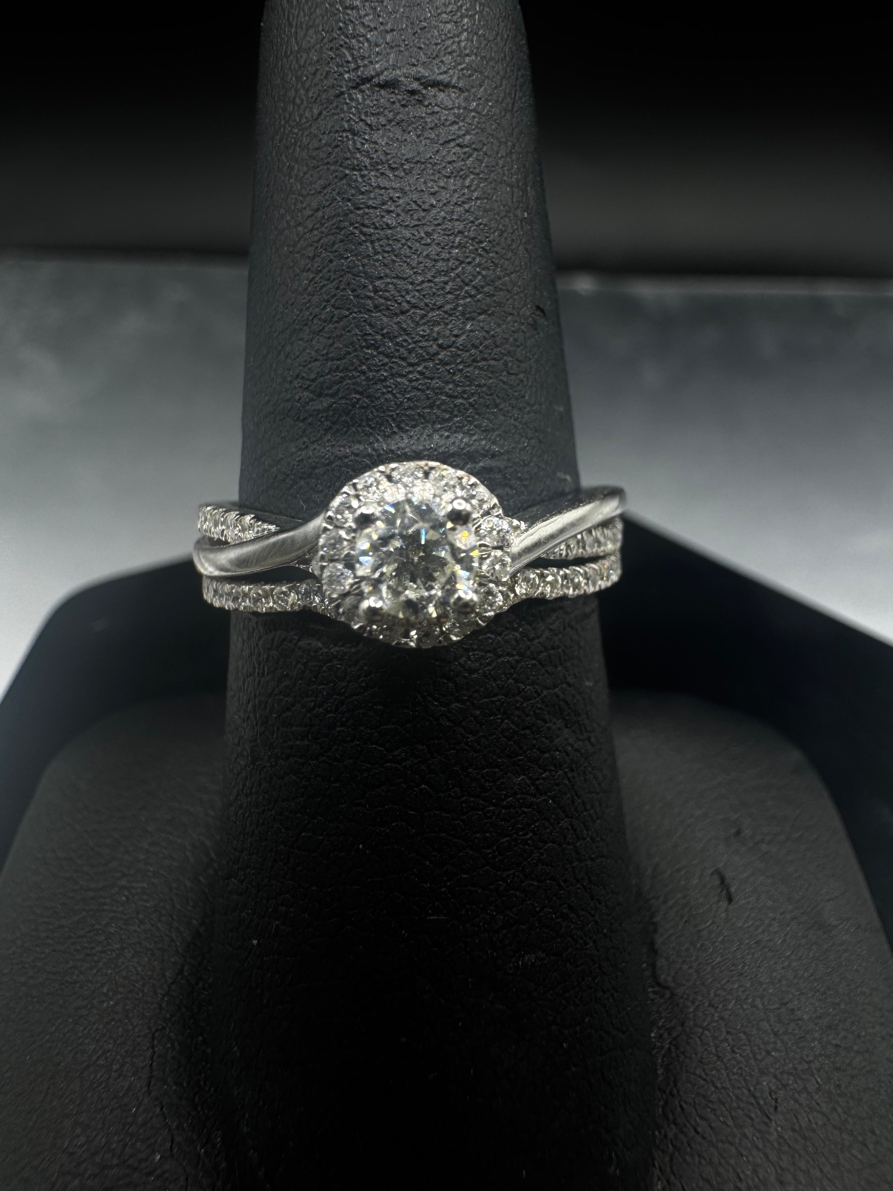 10kt White Gold Diamond Halo Engagement Ring & Wedding Band Set - .65 cttw, Twisted Band