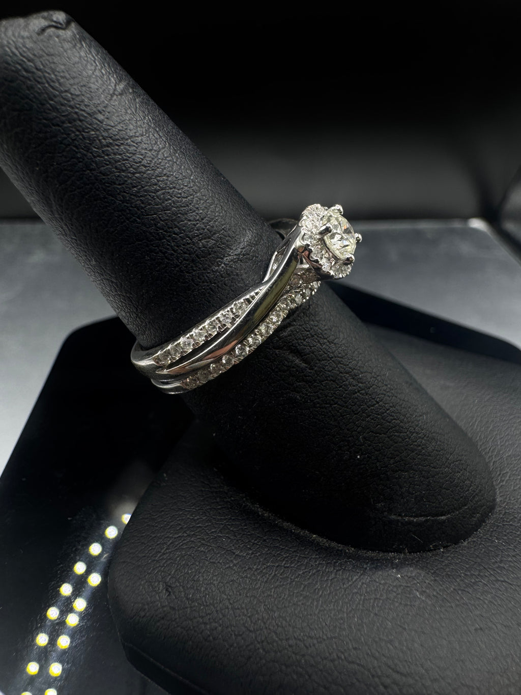 10kt White Gold Diamond Halo Engagement Ring & Wedding Band Set - .65 cttw, Twisted Band