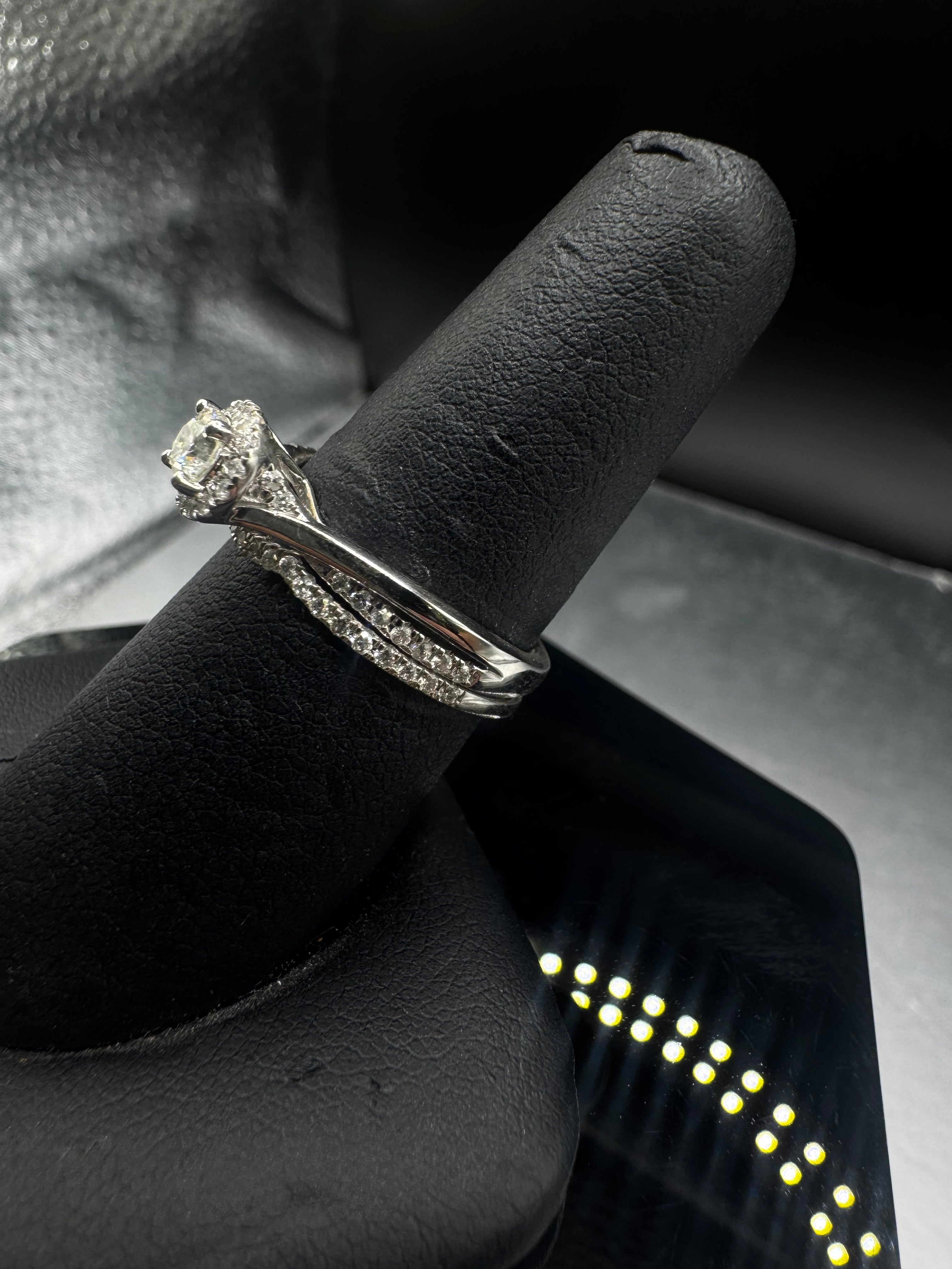 10kt White Gold Diamond Halo Engagement Ring & Wedding Band Set - .65 cttw, Twisted Band