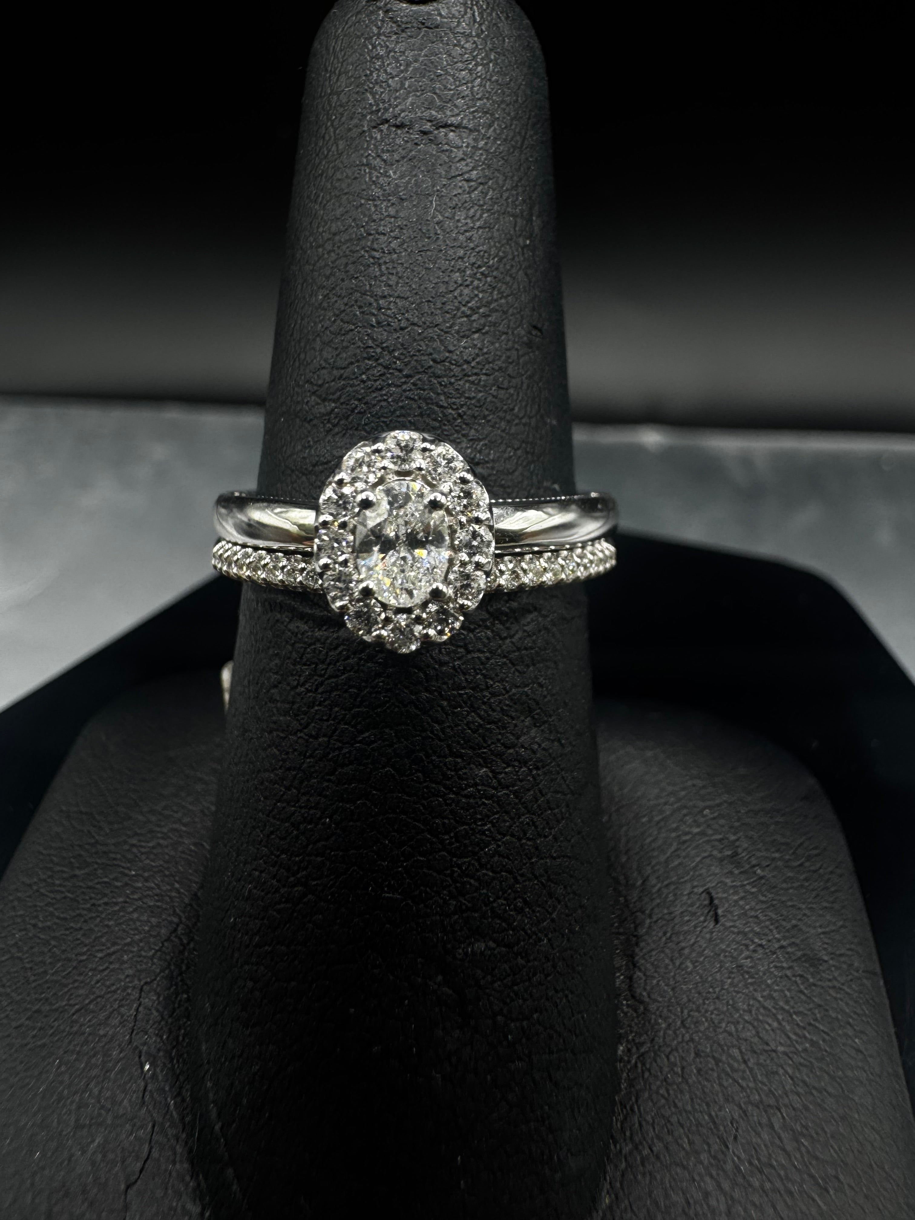 14kt White Gold Oval Diamond Halo Engagement Ring & Diamond Accented Band Set - .25 ct Center, .50 cttw
