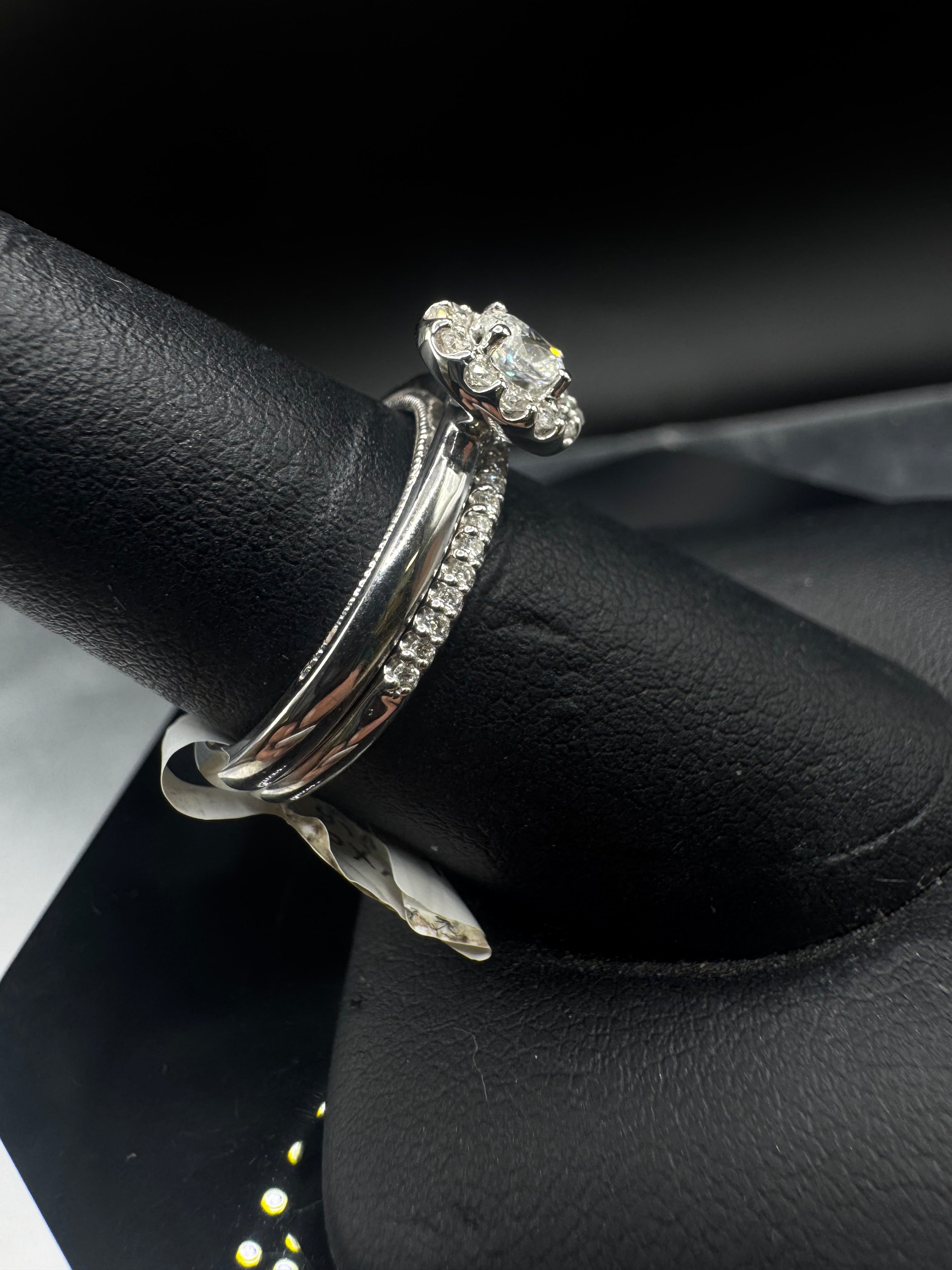 14kt White Gold Oval Diamond Halo Engagement Ring & Diamond Accented Band Set - .25 ct Center, .50 cttw