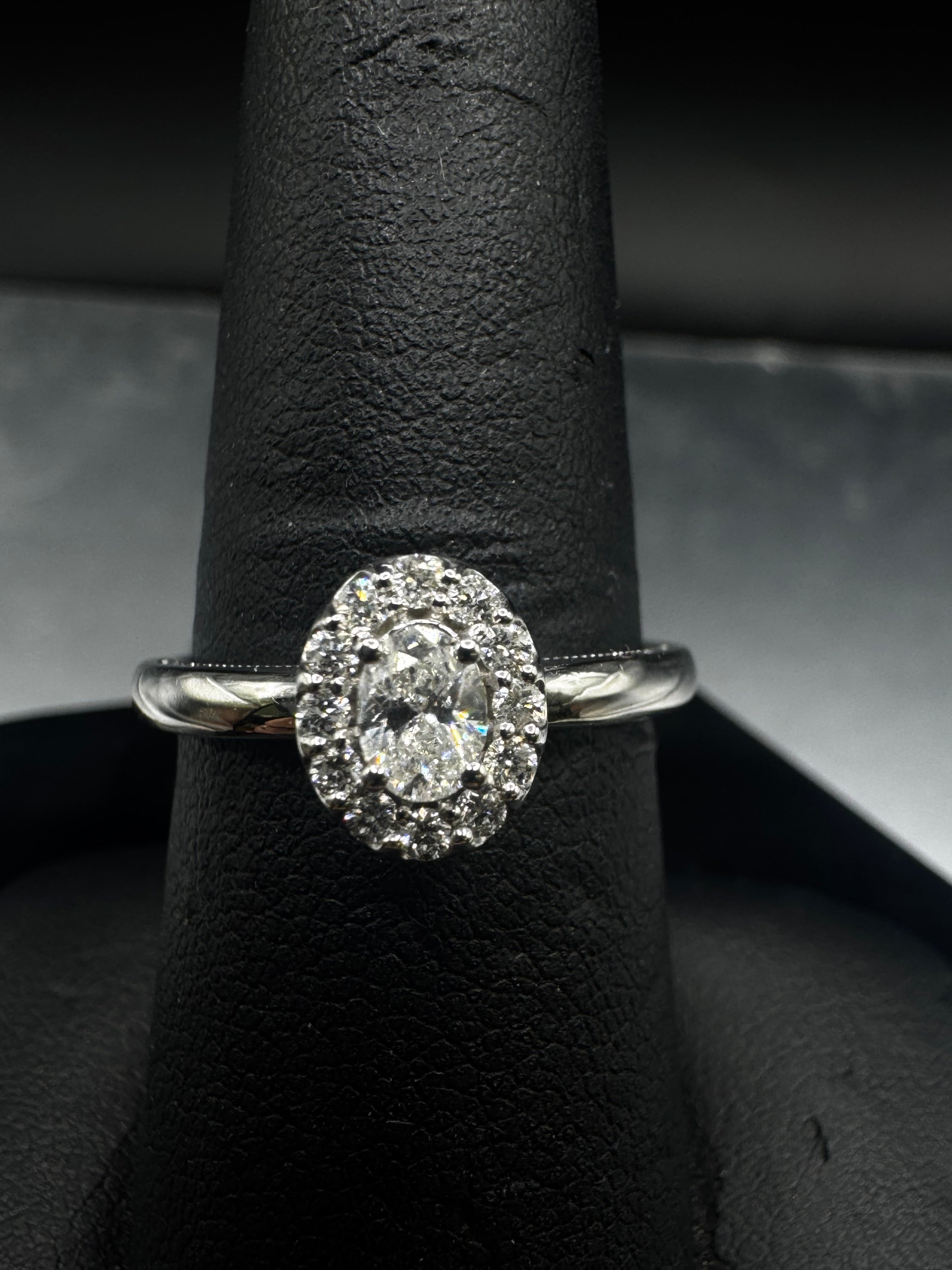 14kt White Gold Oval Diamond Halo Engagement Ring & Diamond Accented Band Set - .25 ct Center, .50 cttw