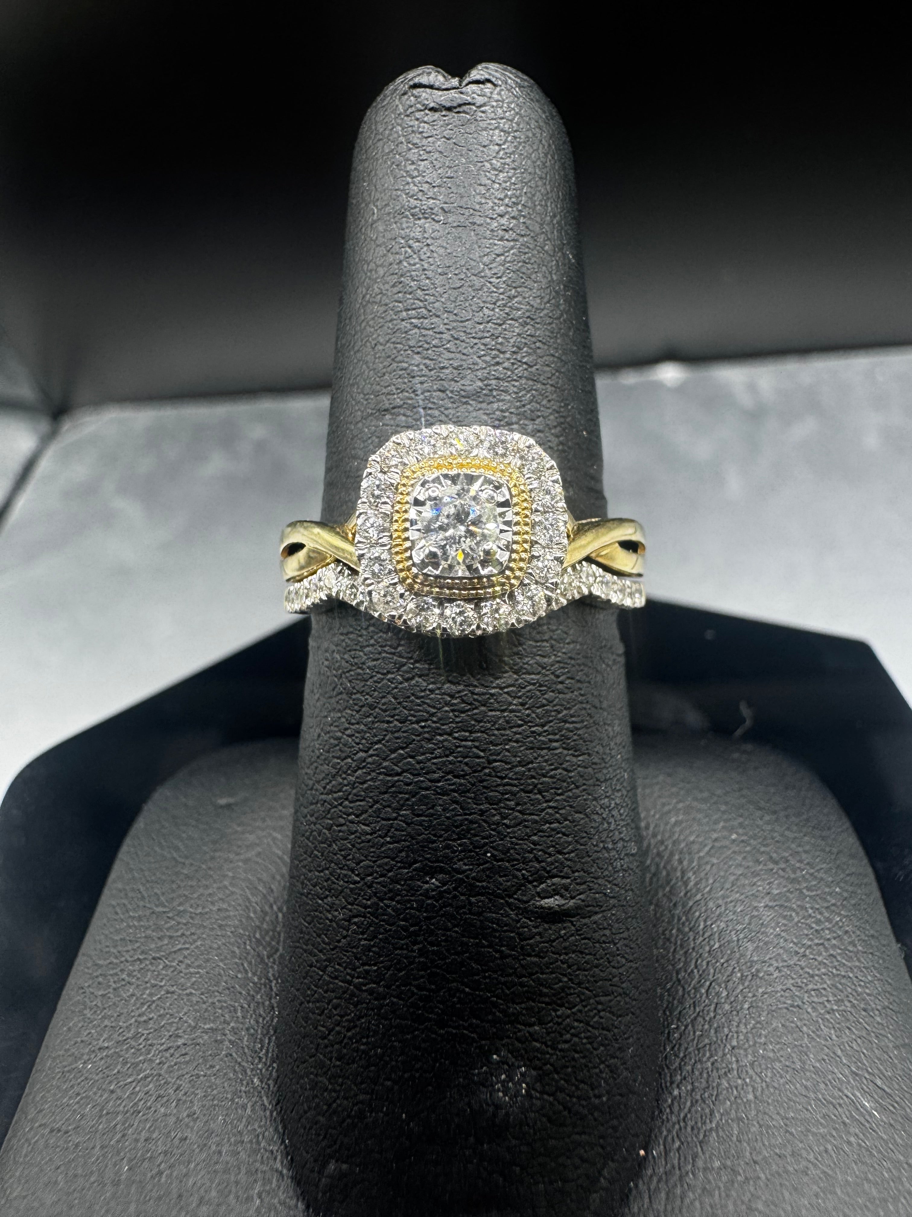 10kt Yellow Gold 0.50cttw Diamond Cushion Halo Engagement Ring and Wedding Band Set