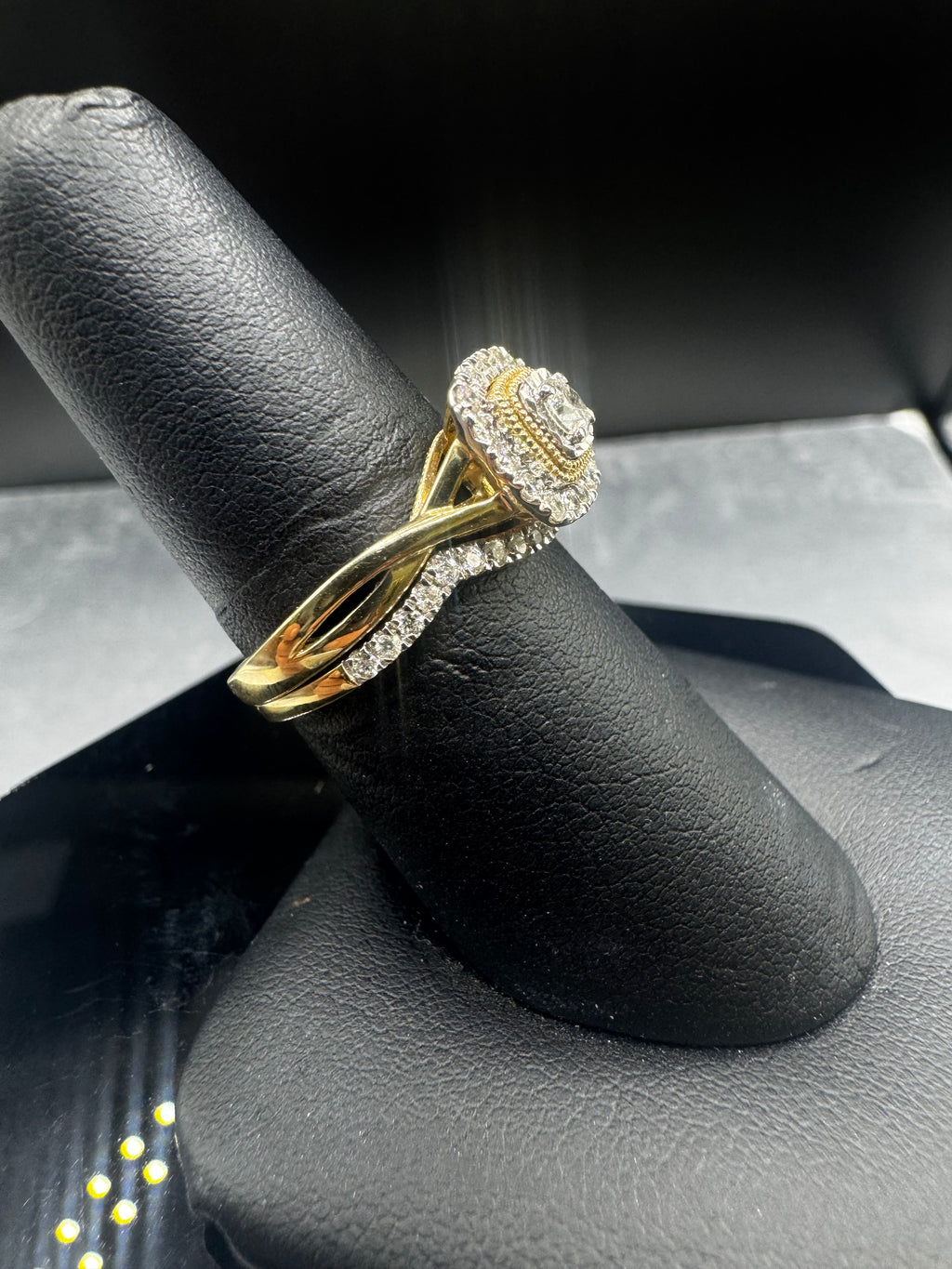 10kt Yellow Gold 0.50cttw Diamond Cushion Halo Engagement Ring and Wedding Band Set