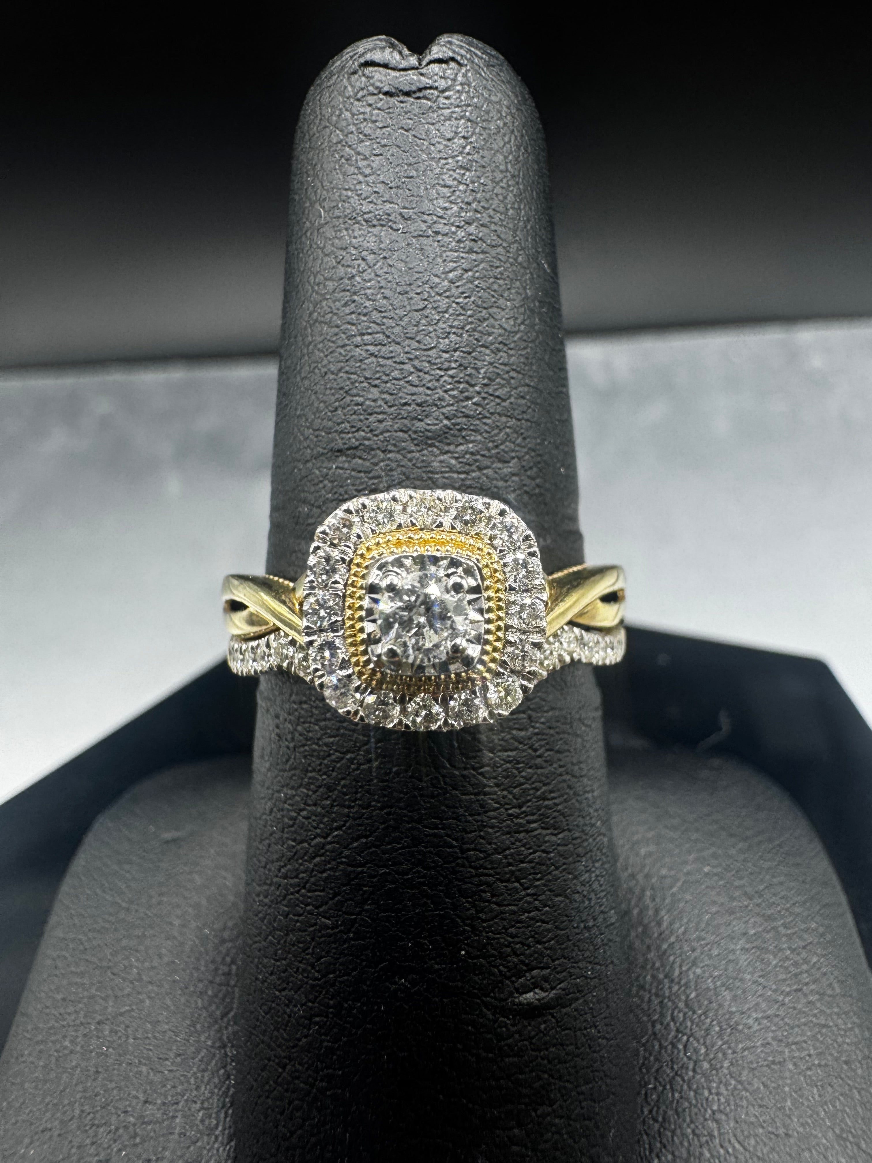 10kt Yellow Gold 0.50cttw Diamond Cushion Halo Engagement Ring and Wedding Band Set