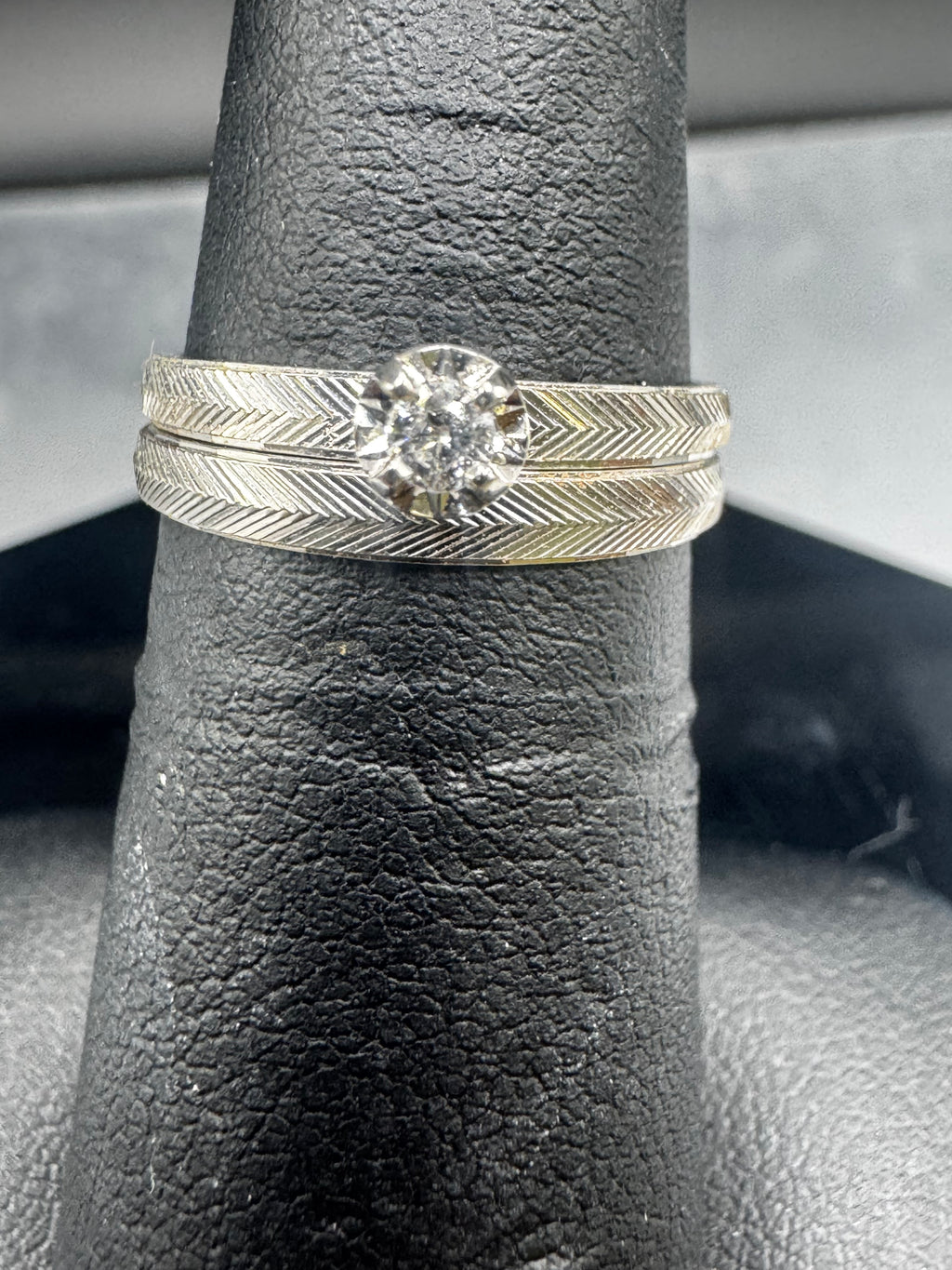 14kt White Gold Diamond Bridal Set – Etched Band Engagement Ring & Wedding Band