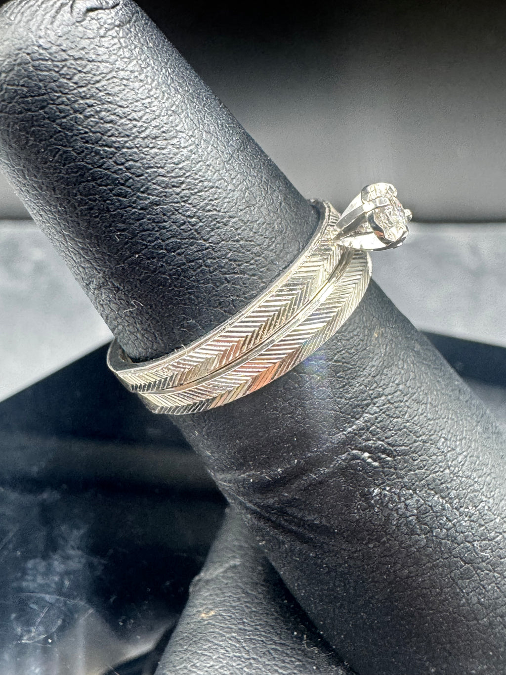 14kt White Gold Diamond Bridal Set – Etched Band Engagement Ring & Wedding Band