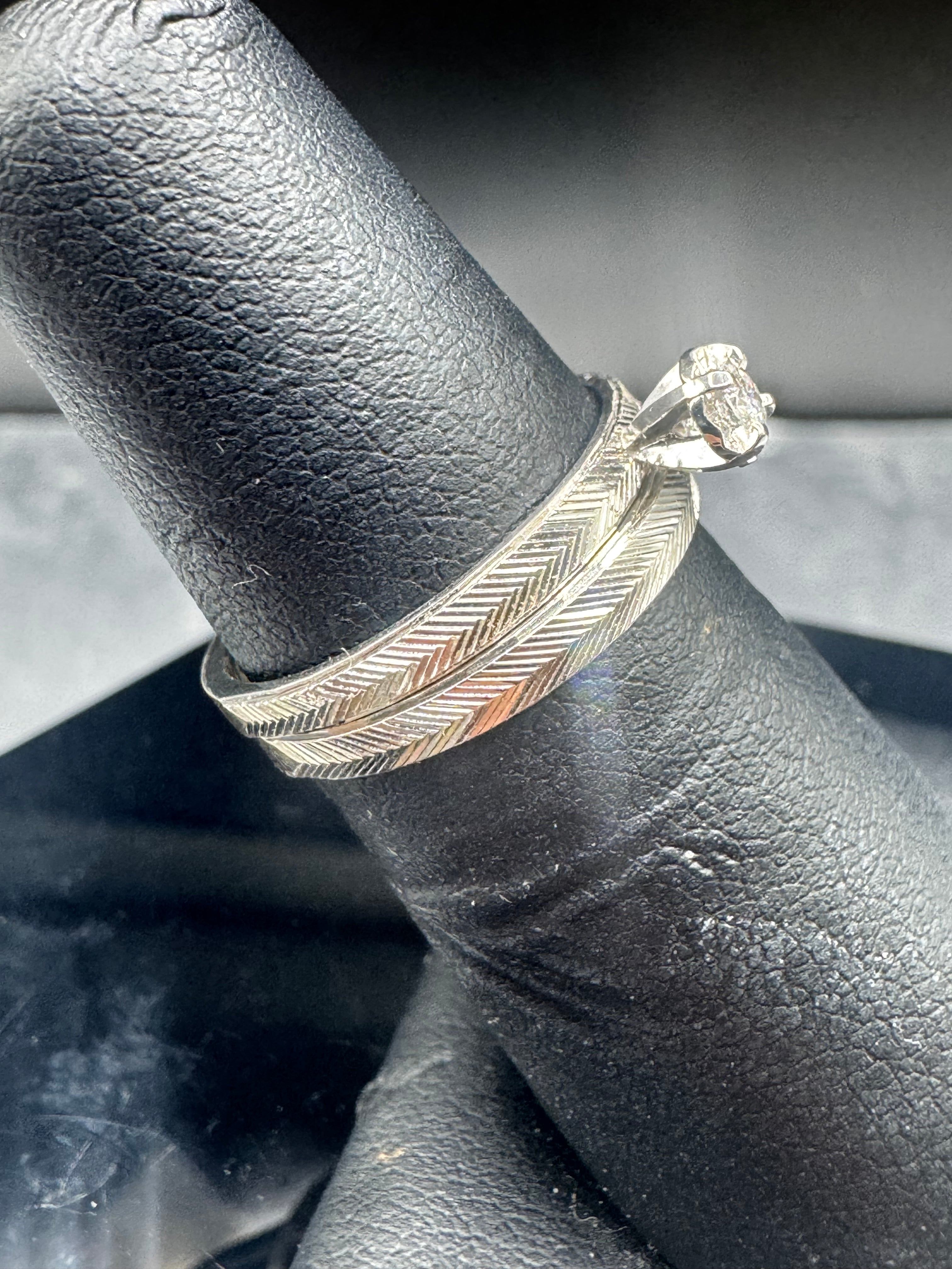 14kt White Gold Diamond Bridal Set – Etched Band Engagement Ring & Wedding Band