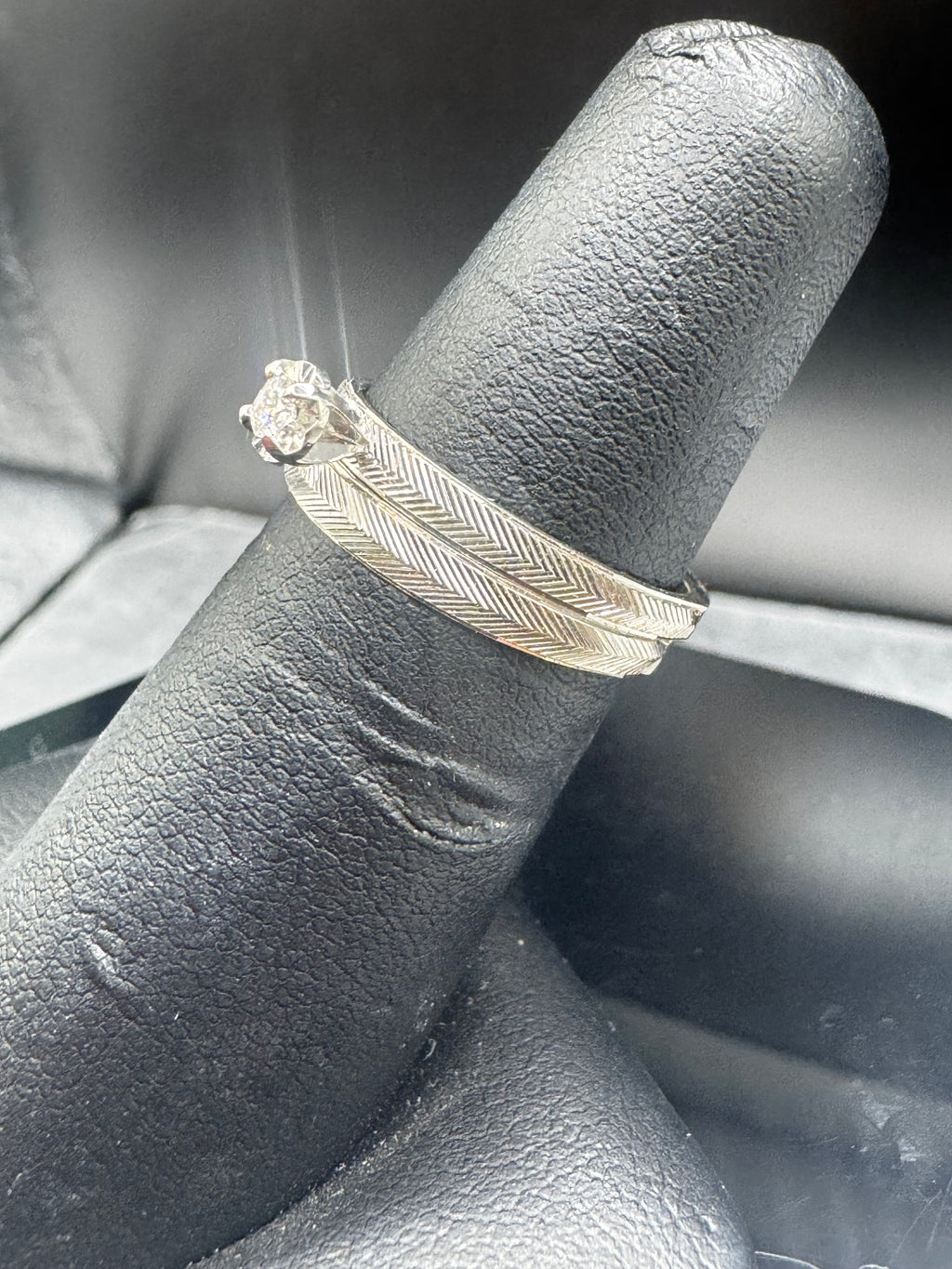 14kt White Gold Diamond Bridal Set – Etched Band Engagement Ring & Wedding Band
