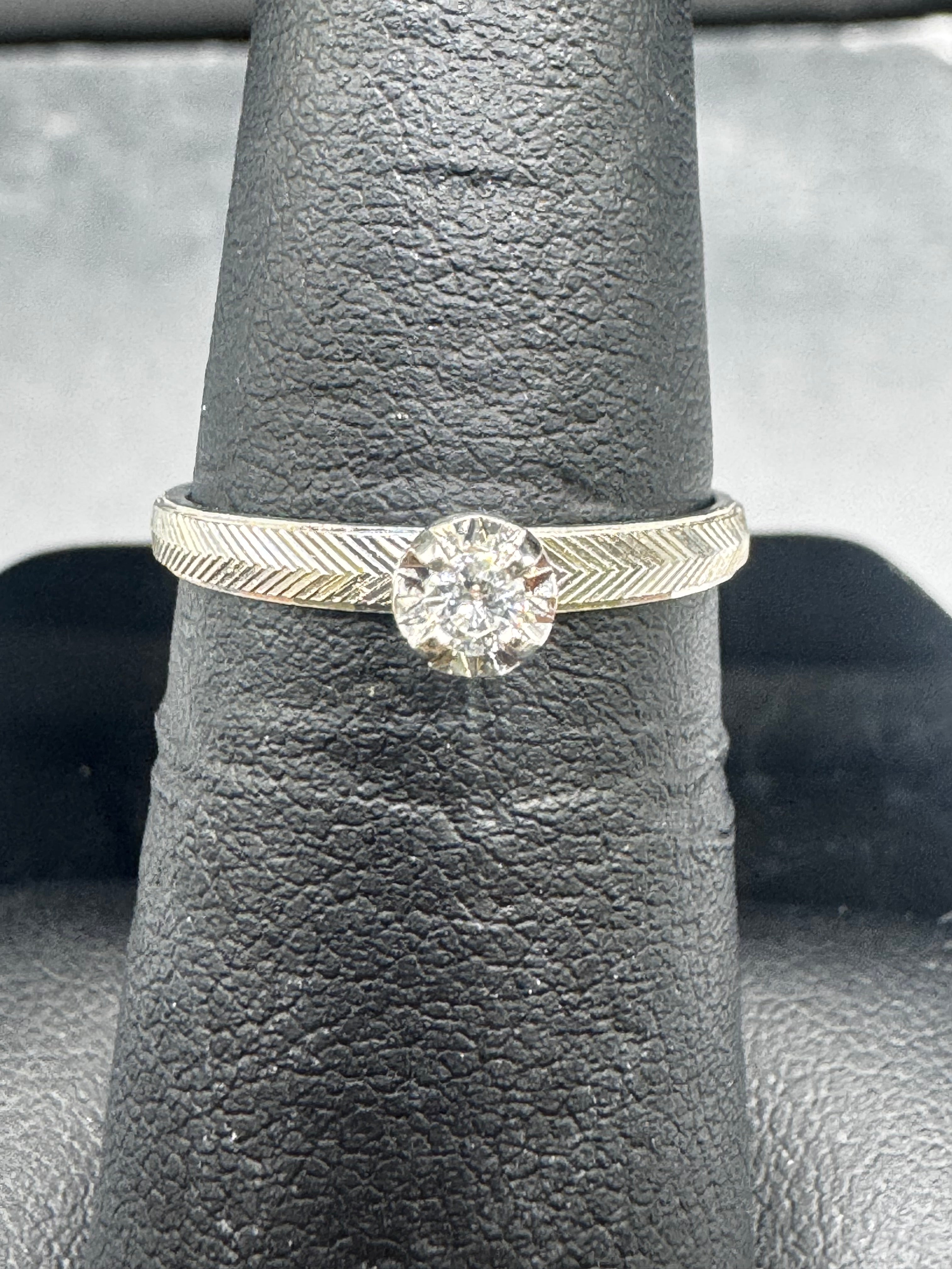 14kt White Gold Diamond Bridal Set – Etched Band Engagement Ring & Wedding Band