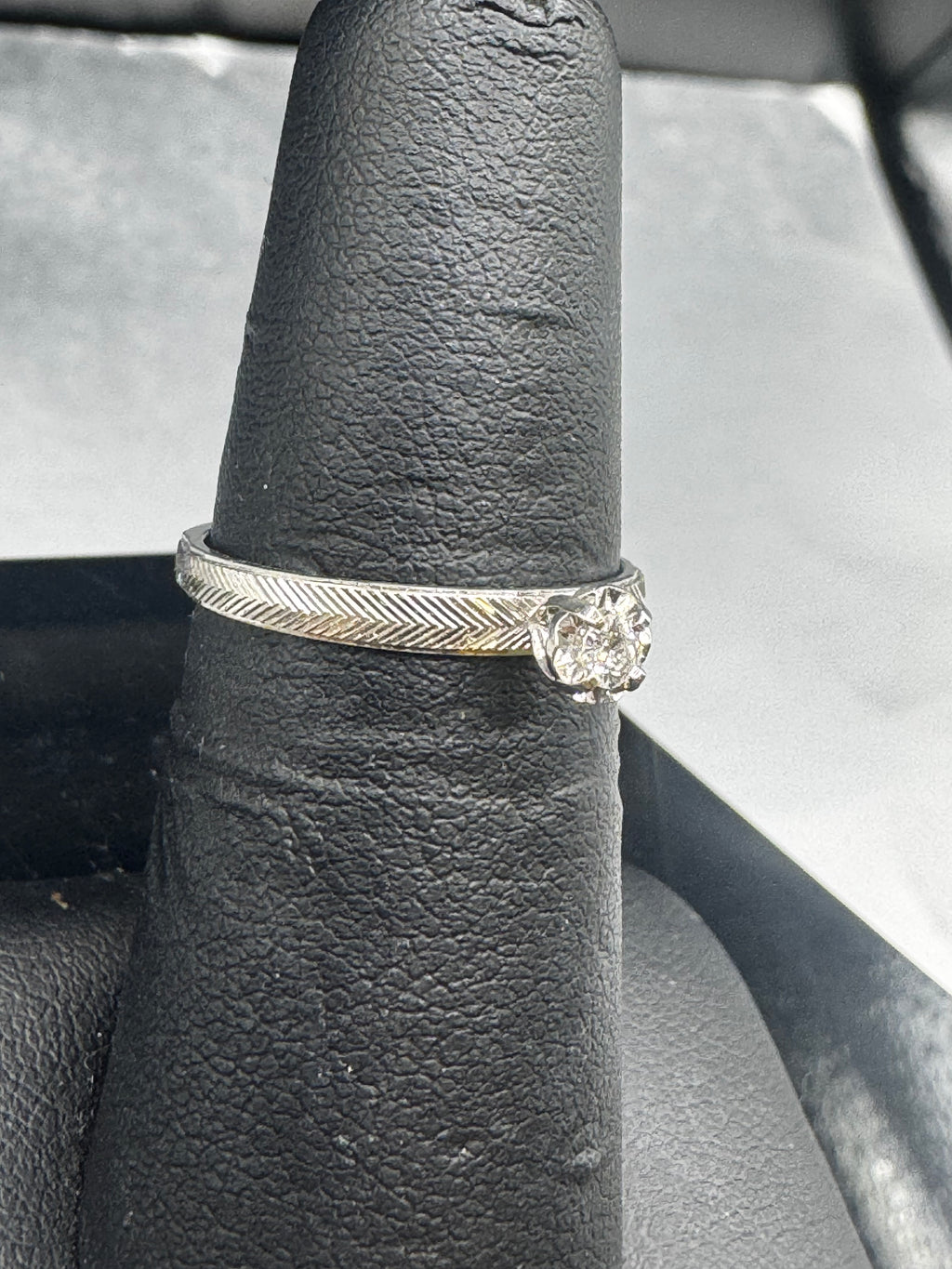 14kt White Gold Diamond Bridal Set – Etched Band Engagement Ring & Wedding Band