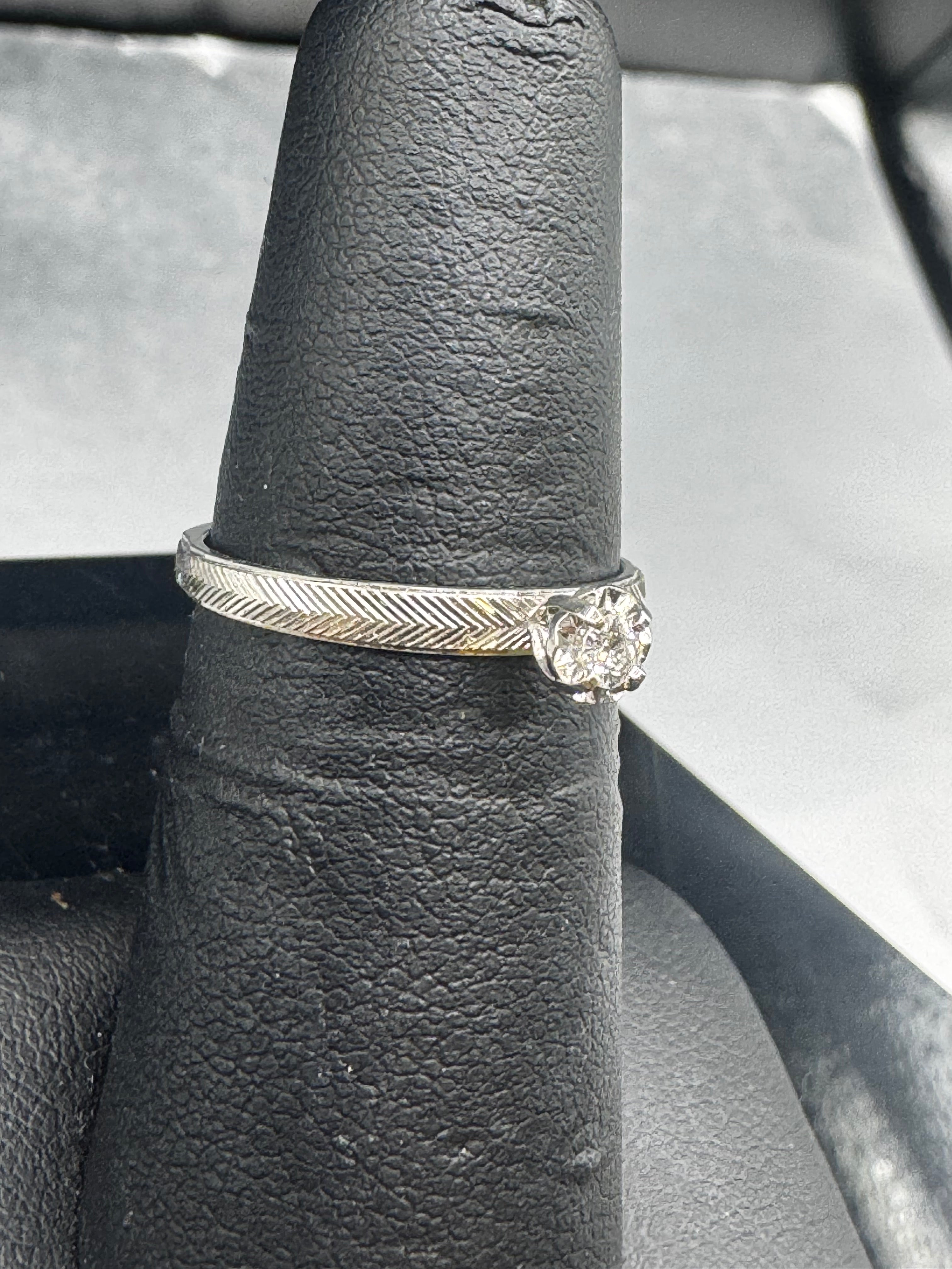 14kt White Gold Diamond Bridal Set – Etched Band Engagement Ring & Wedding Band