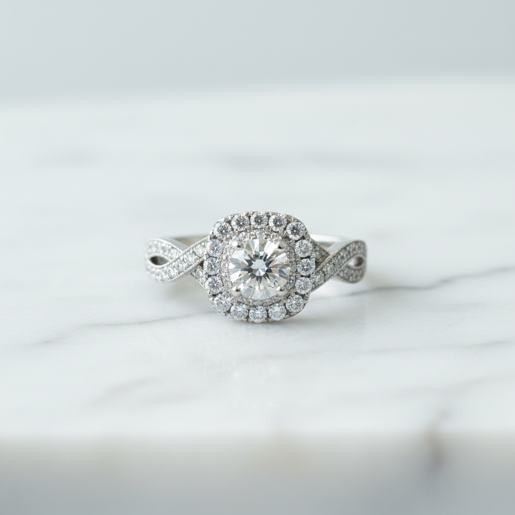 14kt white gold halo round lab diamond engagement ring on marble surface lifestyle photo