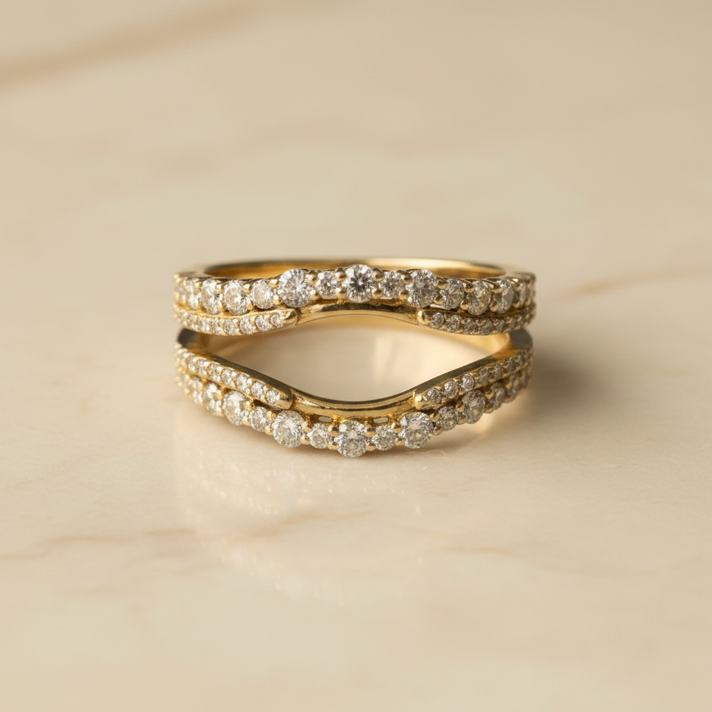 14kt yellow gold natural diamond ring wrap lifestyle photo on marble