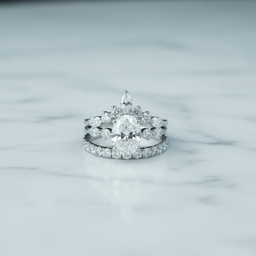 14kt white gold lab diamond ring wrap shown with oval engagement ring for display purposes only